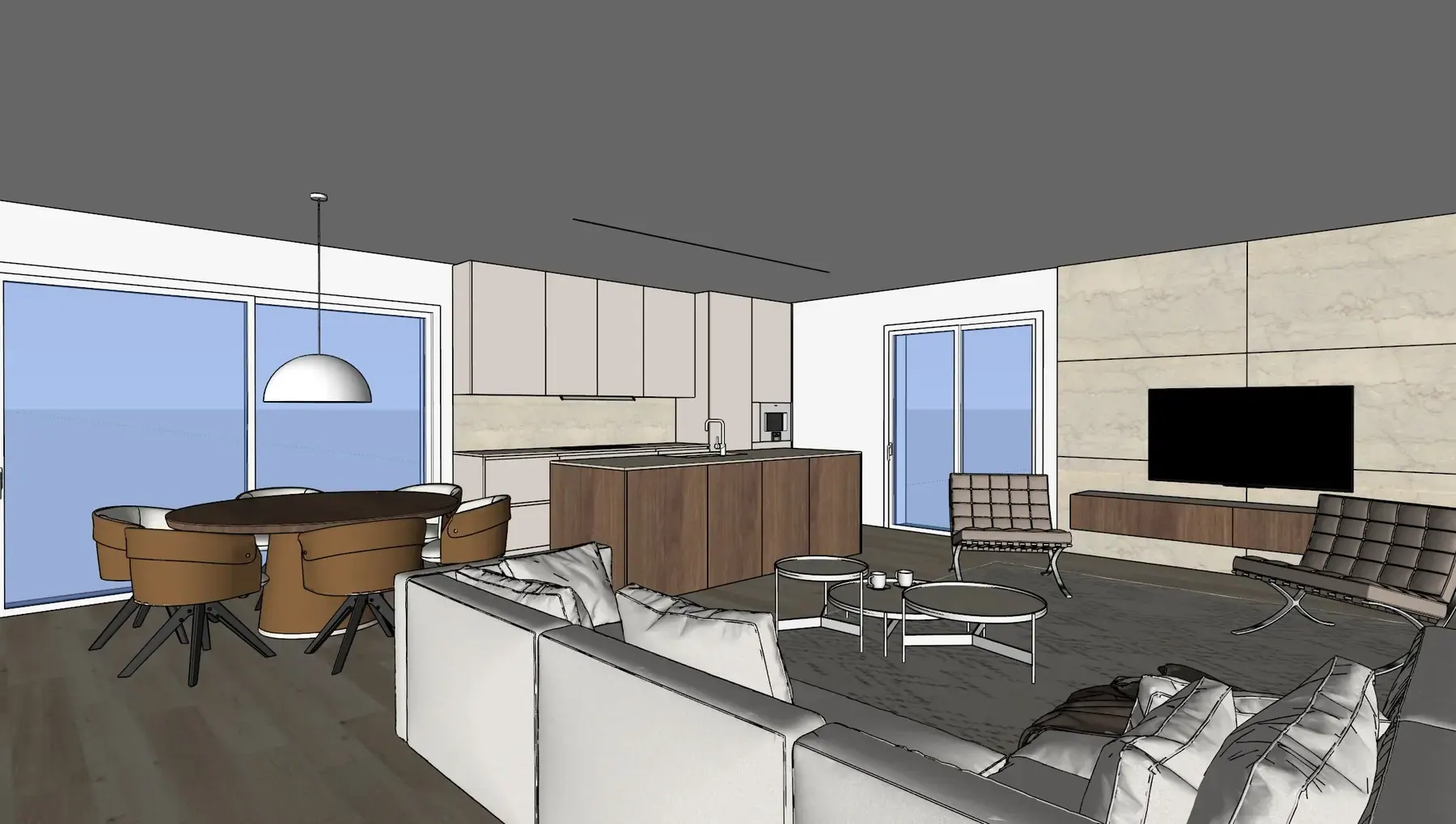 Soggiorno F, soggiorno e cucina open space, vista sketchup